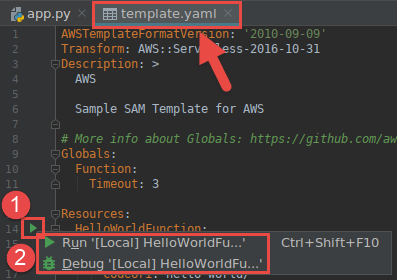 Como executar ou depurar o versionamento local de uma função do Lambda iniciando pela definição de função no arquivo de modelo do AWS SAM