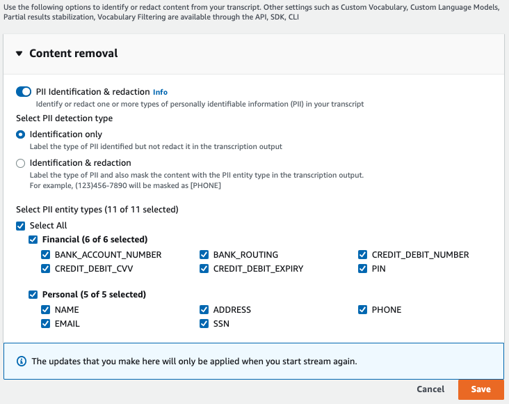 Amazon Transcribe captura de tela do console: os painéis de configurações avançadas, todos fechados.