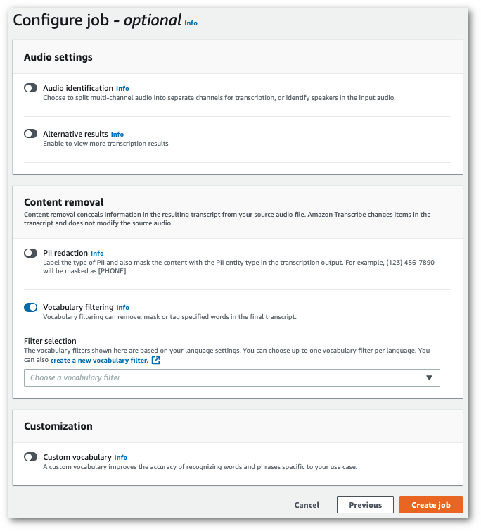 Amazon Transcribe captura de tela do console: a página 'configurar trabalho'.