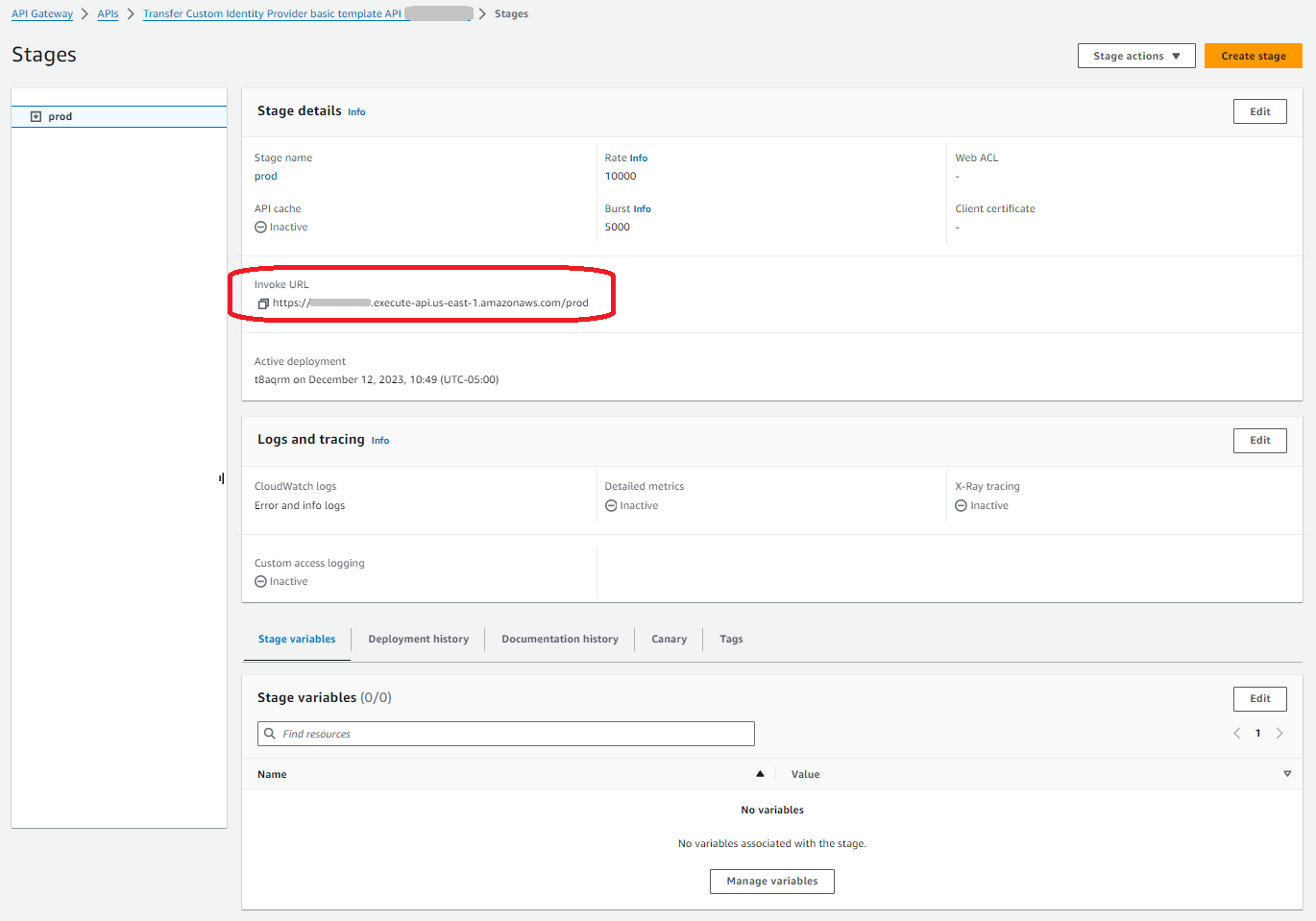 Detalhes do estágio com o URL Invoke destacado.