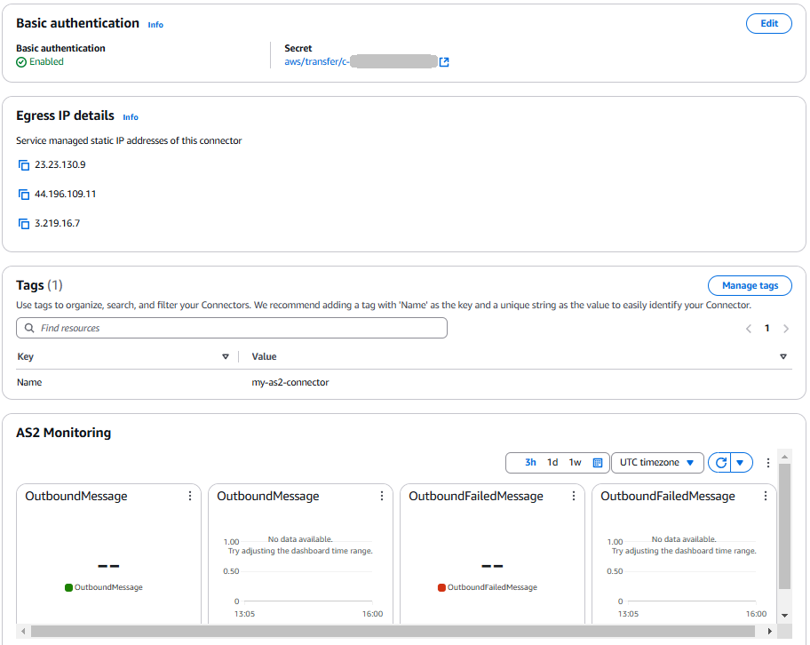 A página de detalhes do conector do console Transfer Family, mostrando os detalhes da seção Autenticação AS2 básica, tags, IP estático e informações de AS2 monitoramento do conector selecionado.