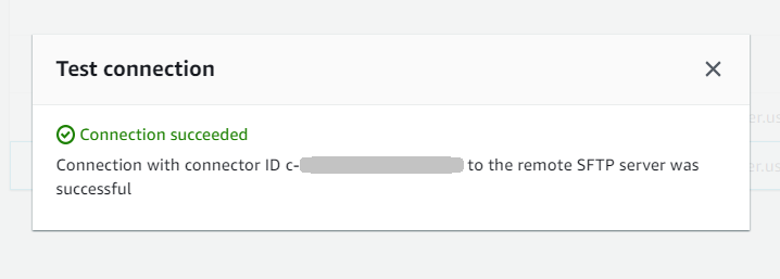 O painel de conexão de teste do conector SFTP mostrando um teste bem-sucedido.