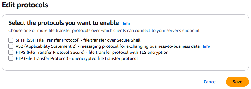 Lista de protocolos disponíveis: SFTP, FTP, FTPS e. AS2 Você pode selecionar um ou mais.