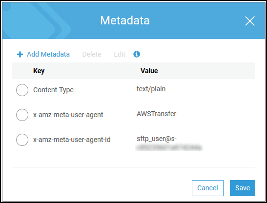 A tela de metadados exibindo informações sobre metadados de objetos do Amazon S3 para. AWS Transfer Family