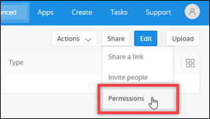 Um cursor selecionando o comando Permissões no menu Compartilhar.