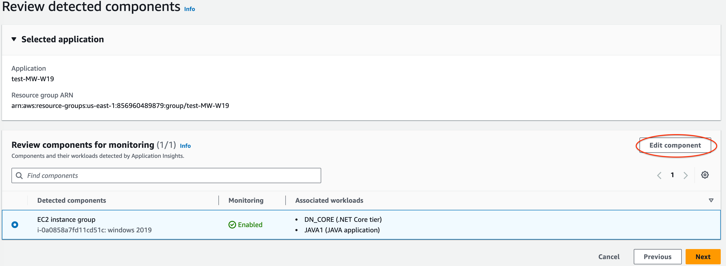 CloudWatch Application Insights 控制台的“查看检测到的组件”部分：可以编辑关联的工作负载。