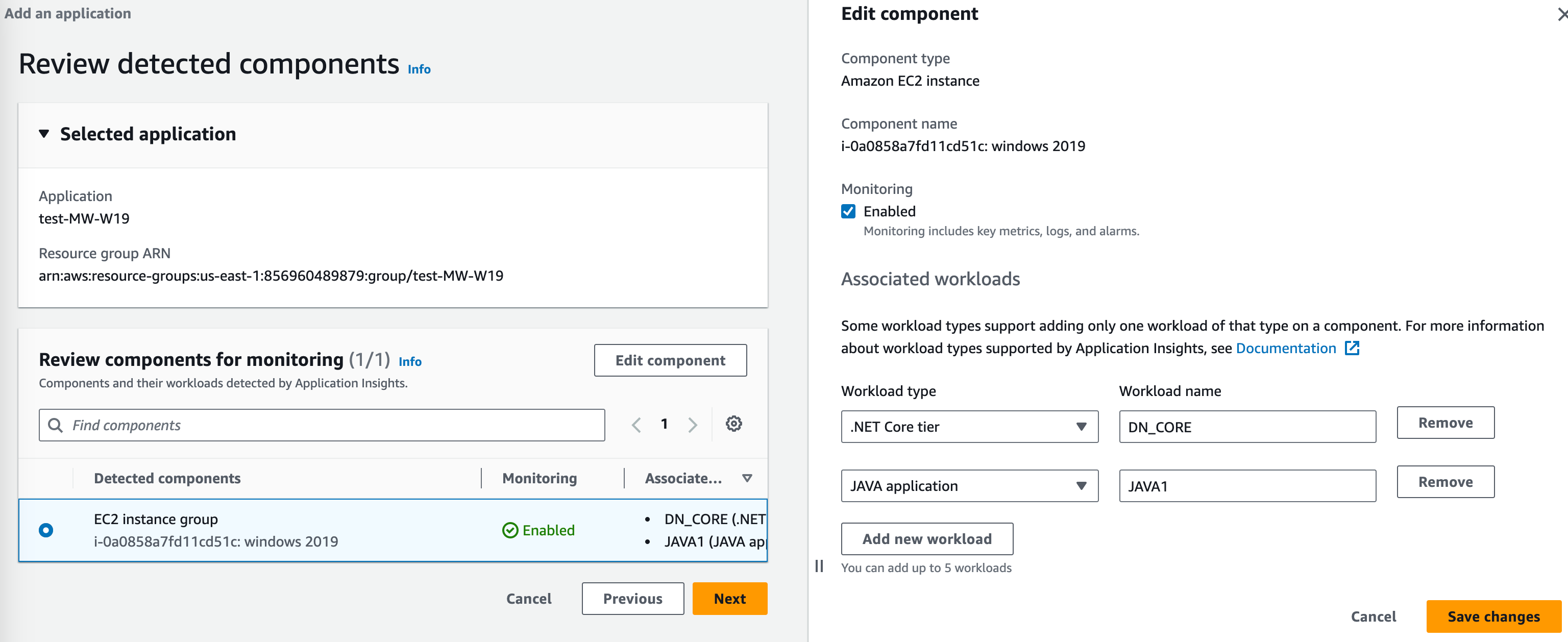 CloudWatch Application Insights 控制台的“编辑组件”部分：工作负载类型的下拉列表。