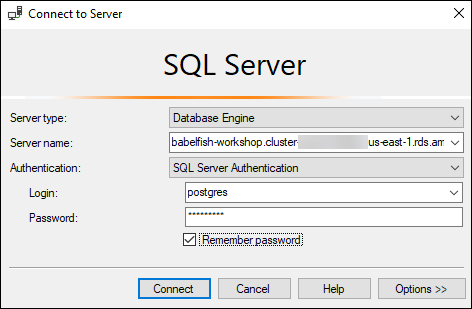 使用 SSMS 连接到 Babelfish 数据库。