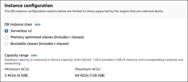 显示在添加读取器界面中的 Aurora Serverless v2 的容量设置。
