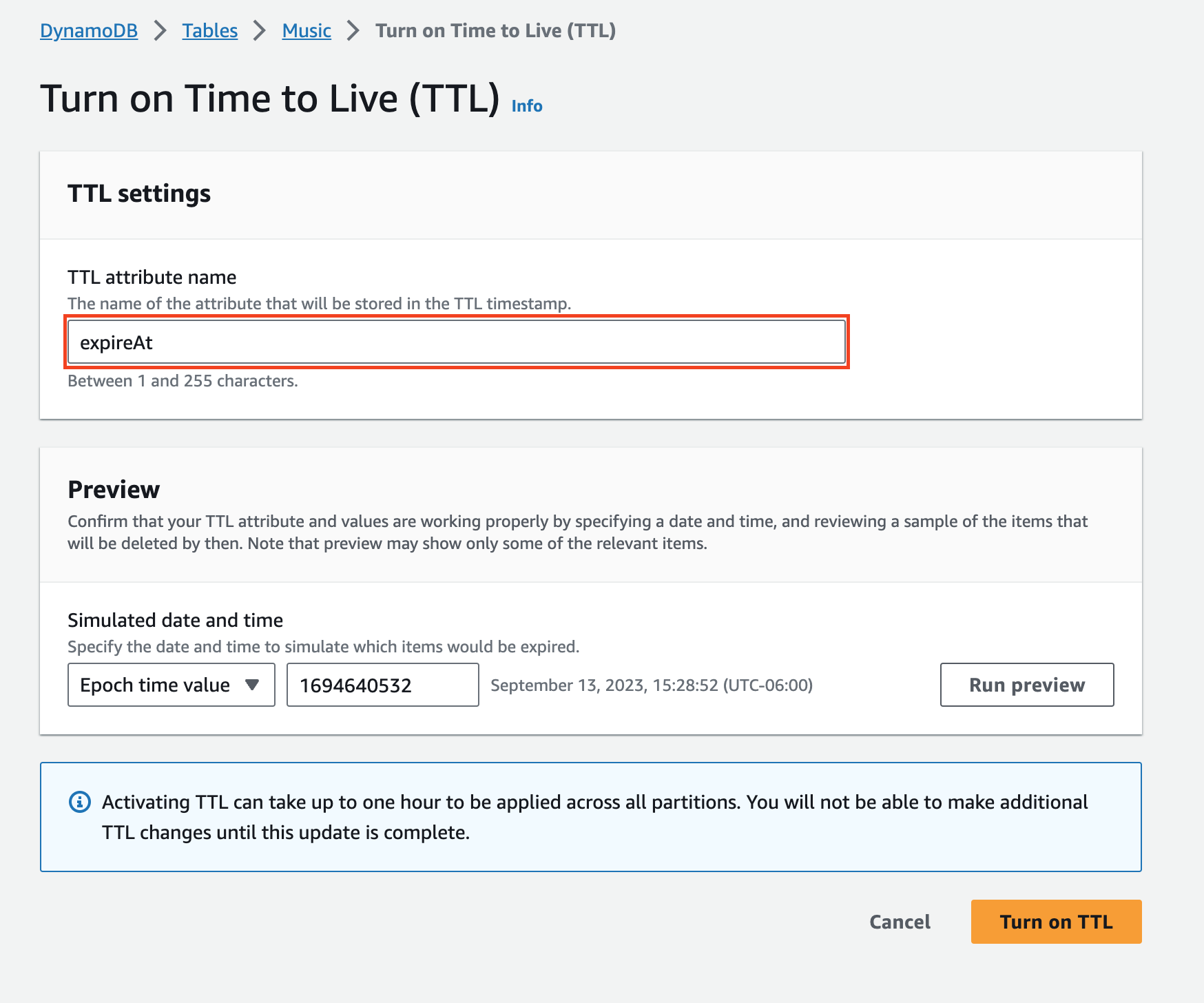 区分大小写的 TTL 属性名称，DynamoDB 使用该属性来确定项目是否符合过期条件。