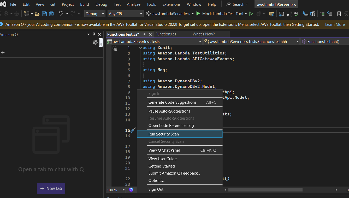 Visual Studio 中的 Amazon Q 任务栏显示“运行安全扫描”选项