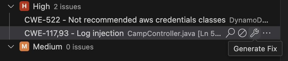 中代码问题的扳手图标 Visual Studio Code，用于打开代码问题详细信息面板并生成代码修复。
