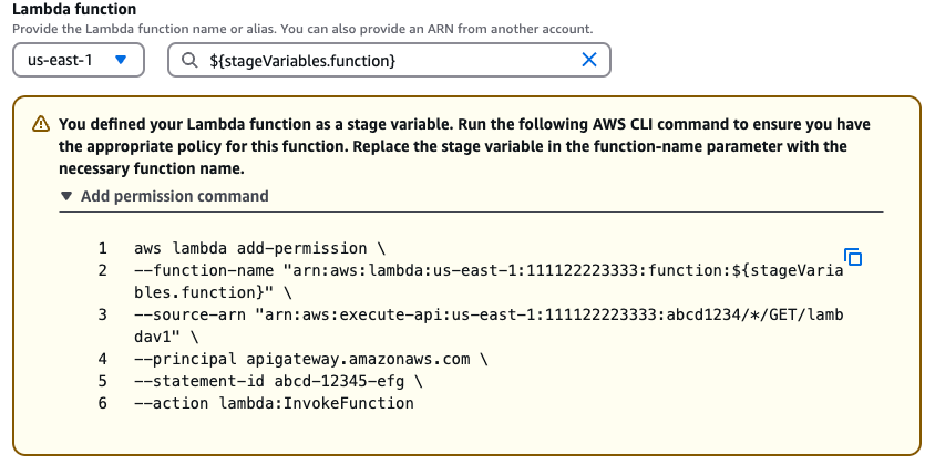 AWS CLI 命令，以便添加针对要由您创建的方法调用的 Lambda 函数的权限。