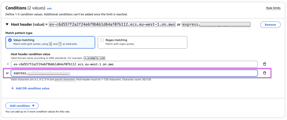 控制台屏幕截图显示了 Application Load Balancer 侦听器规则，其中包含为 ECS 快速模式服务端点和自定义域配置的主机标头条件。