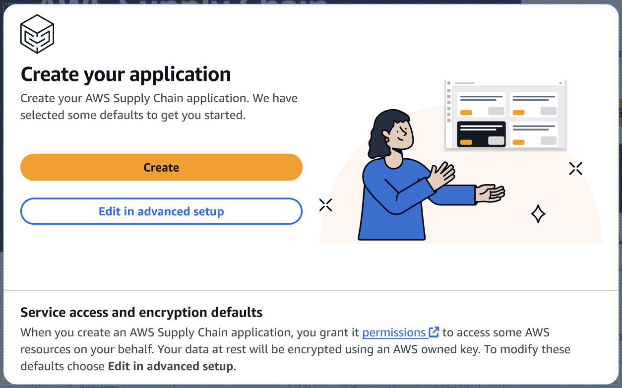 Interface for creating AWS Supply Chain application with options to create or edit setup.