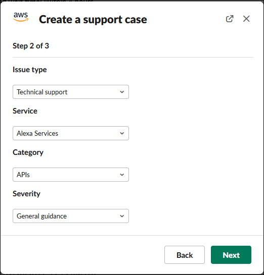 显示如何在 AWS 支持 App 中创建支持案例的示例。