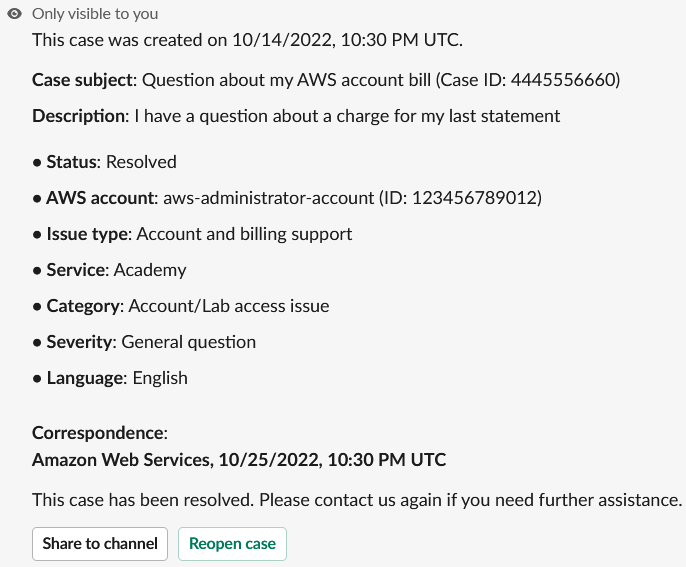 Slack 中已解决的账户和账单支持案例结果。