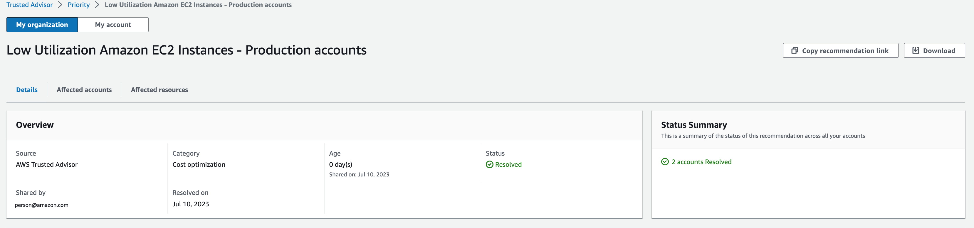 Priority 控制台页面上 Trusted Advisor 已解决的建议。