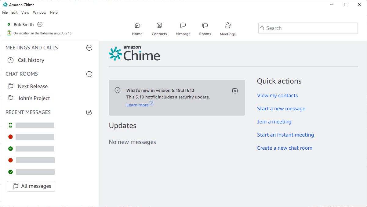Amazon Chime 主页窗口。
