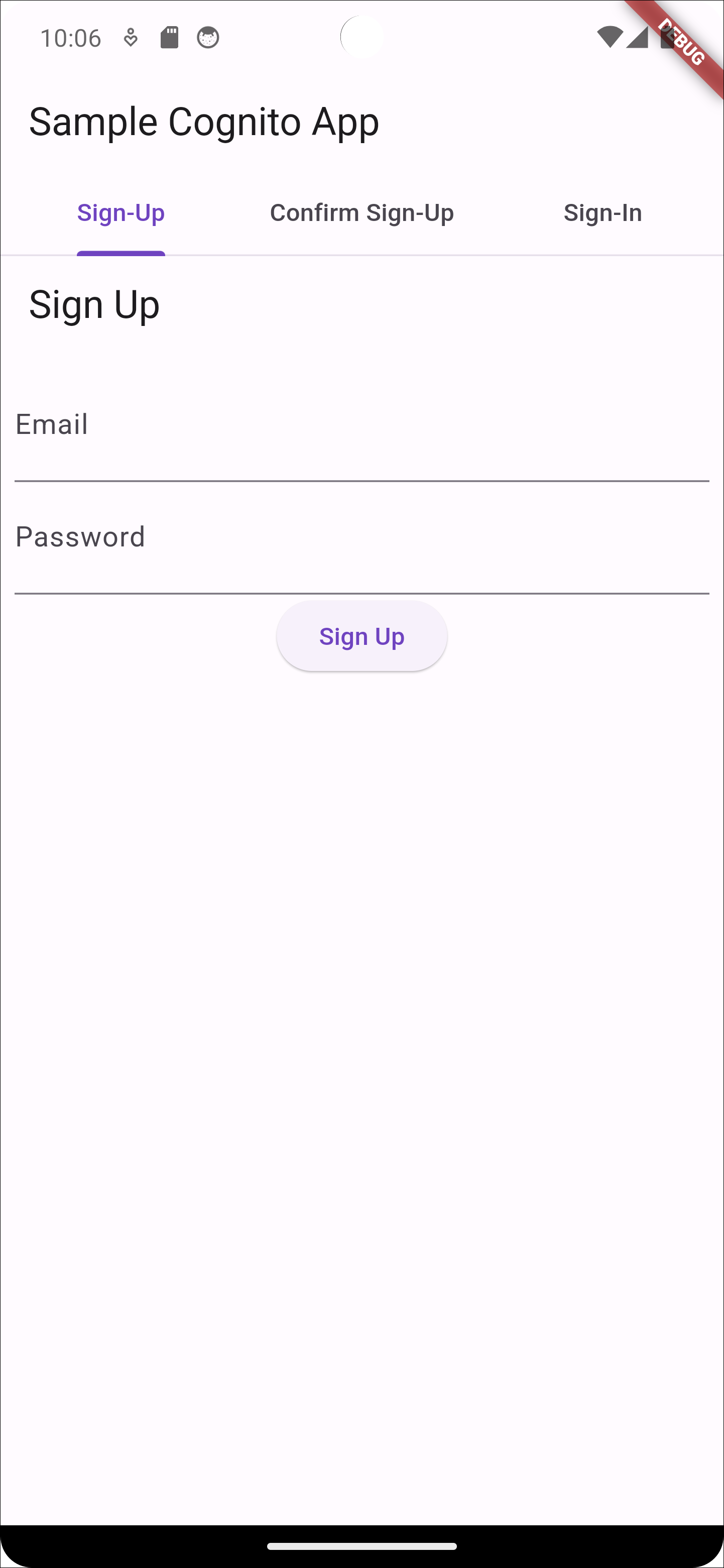 虚拟 Android 示例应用程序的注册页面屏幕截图。