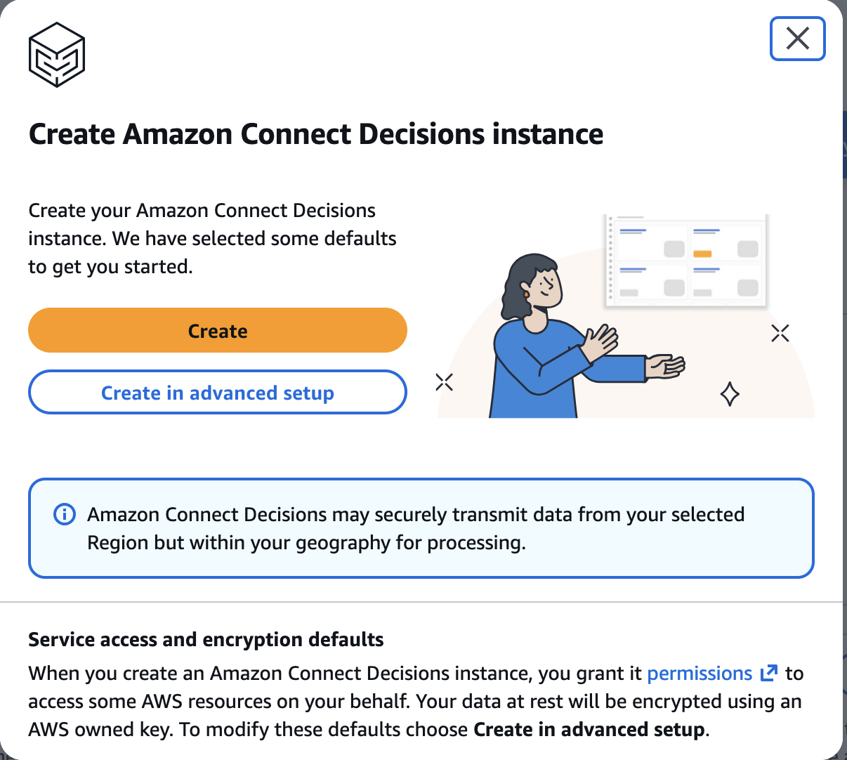 使用高级设置按钮中的 “创建” 和 “创建” 创建 Amazon Connections 实例对话框。