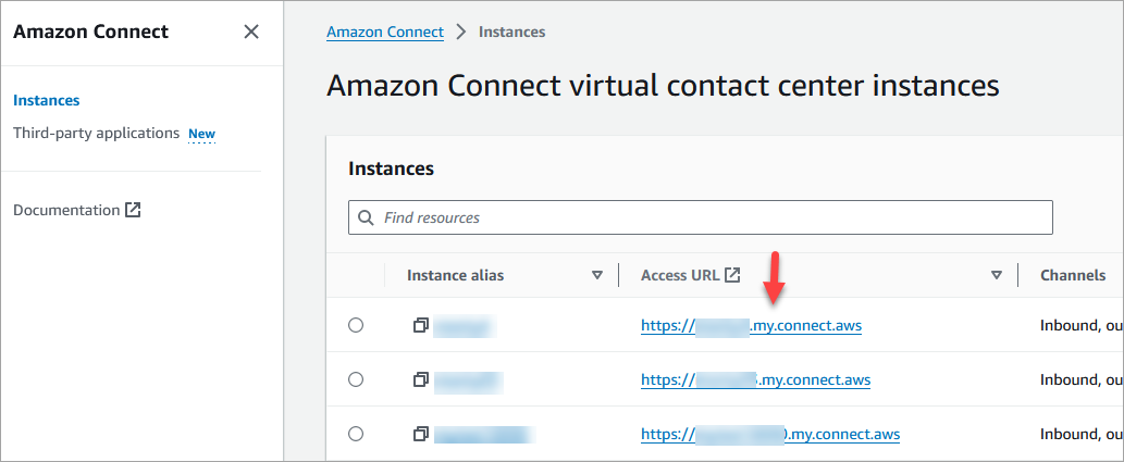 Amazon Connect 控制台上的访问地址。