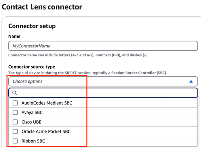 Contact Lens连接器页面，Connect 源类型下拉列表。