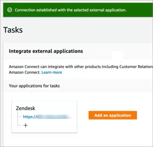 任务页面显示新的 Zendesk 连接。