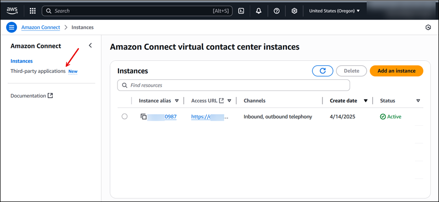 Amazon Connect 控制台，第三方应用程序菜单项。