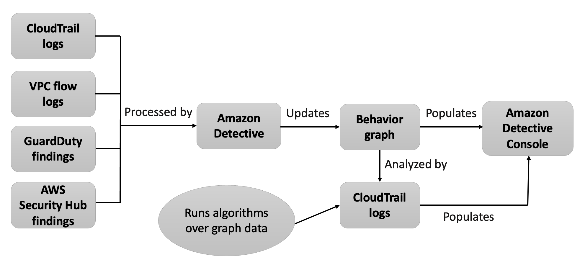 示意图显示了流入 Detective 的源数据,这些数据被用于填充行为图。