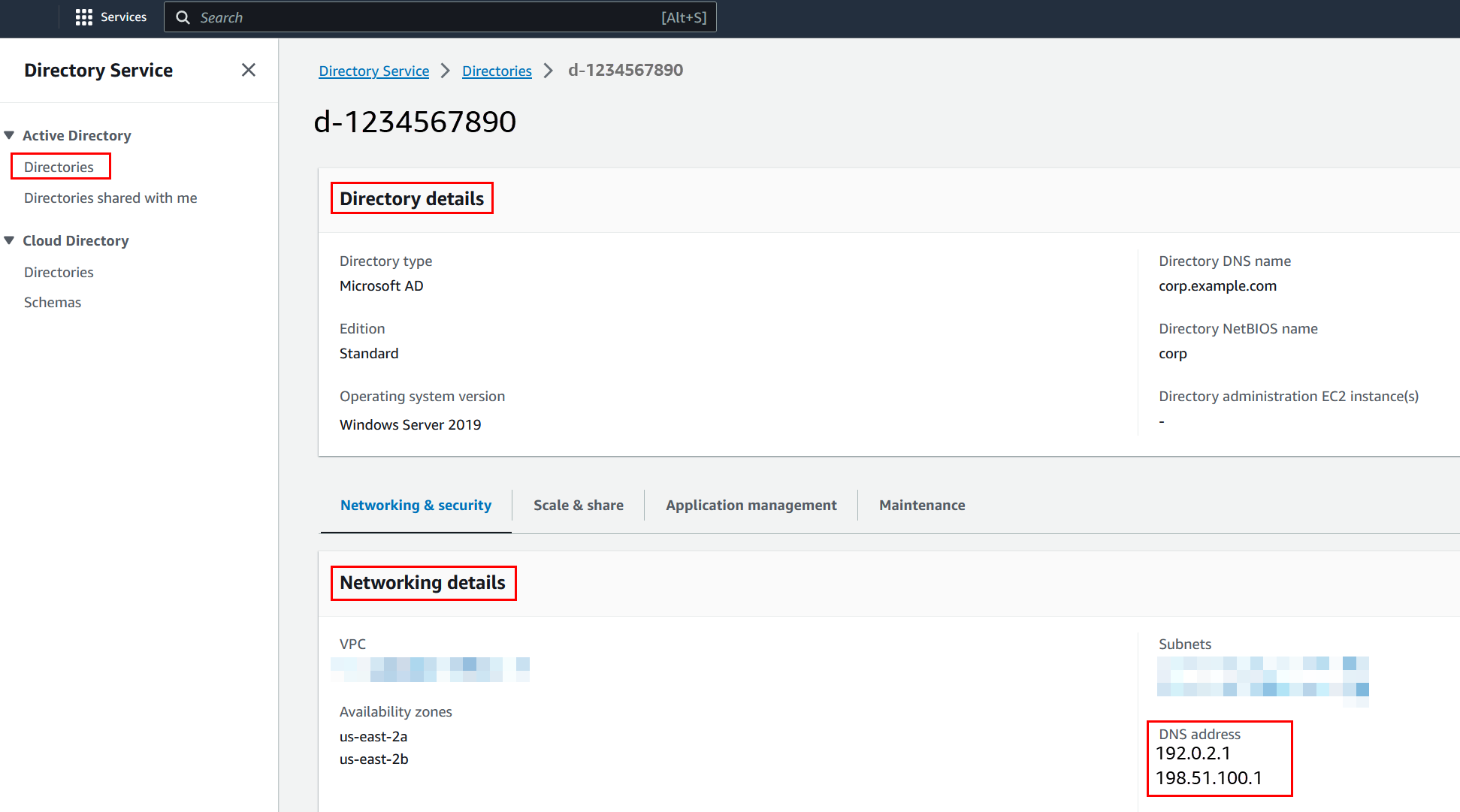 在 AWS Directory Service 控制台的目录详细信息页面上，将突出显示 AWS Directory Service 提供的 DNS 服务器的 IP 地址。