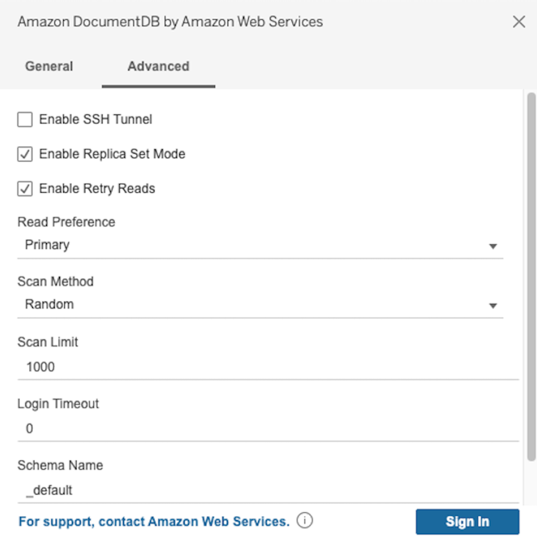 Amazon DocumentDB 连接器界面中的 “高级” 选项卡显示了其他连接选项。