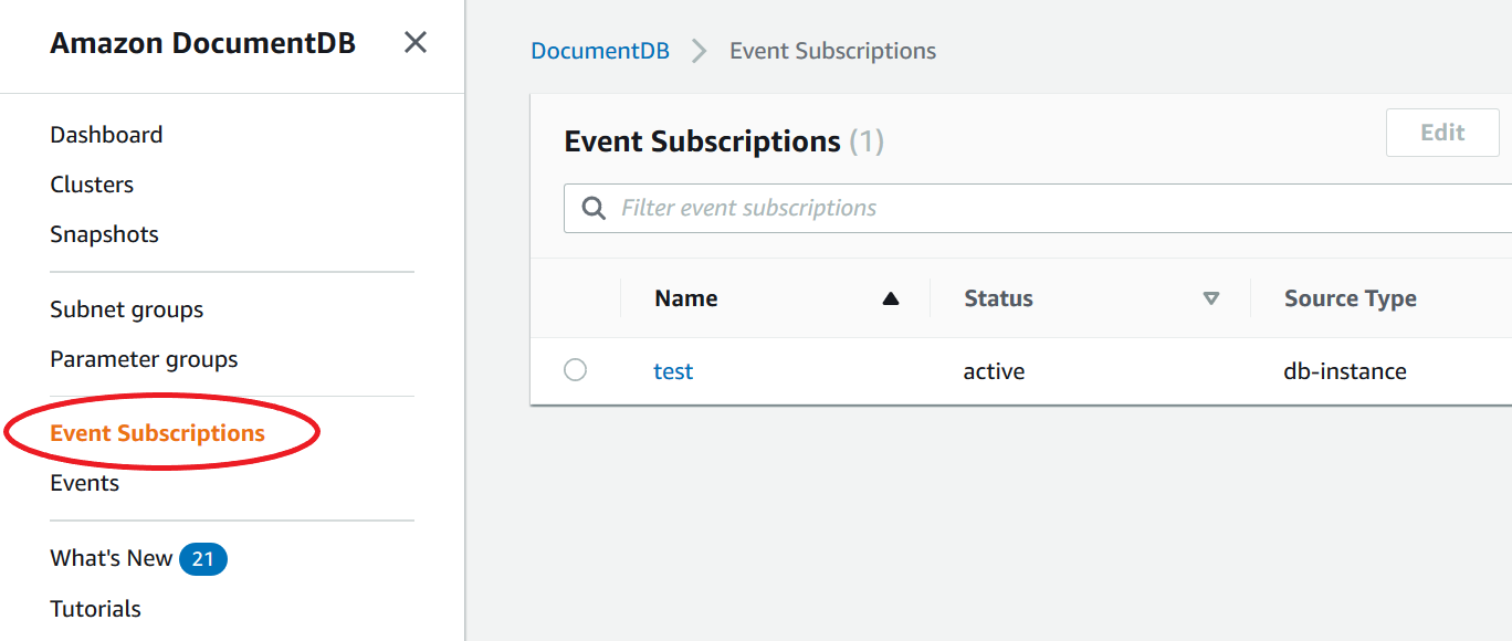 Amazon DocumentDB 控制台导航窗格突出显示了“事件订阅”选项。