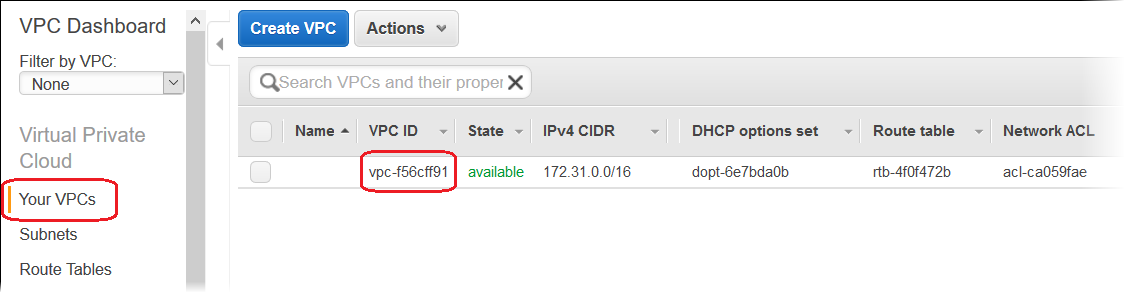 Amazon VPC 控制台显示您的 VPC ID。