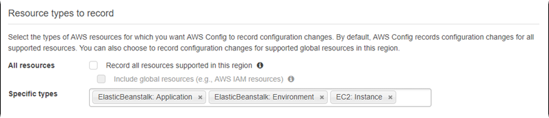 AWS Config 设置页面显示要记录的选定资源类型