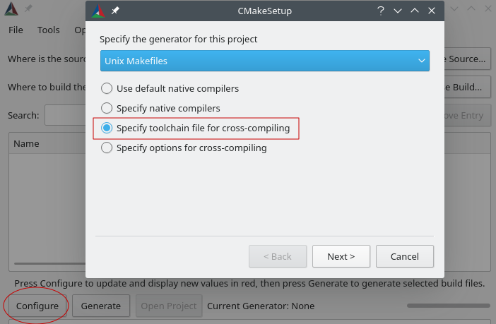 CMake设置对话框，其中包含用于将项目的生成器指定为 Unix Makefiles 的选项，以及指定用于交叉编译的工具链文件。