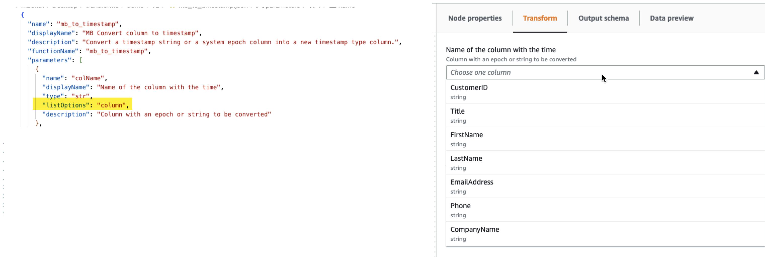 屏幕截图显示了一个示例 JSON 文件，其中 listOptions 参数设置为“column”，生成的用户界面显示在 AWS Glue Studio 中。