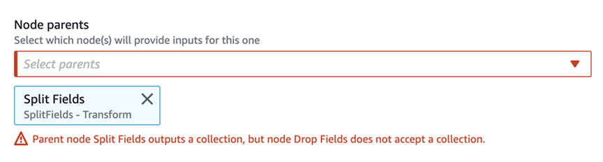 屏幕截图显示了节点详细信息面板的 Node properties (节点属性) 属性选项卡上的 Node parents (父节点) 字段。选定的父节点为 SplitFields，显示的错误消息为“Parent node Split Fields outputs a collection, but node Drop Fields does not accept a collection.”