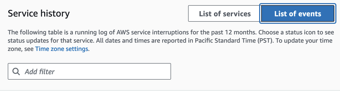 AWS Health 显示事件详情和时间表的服务历史记录页面