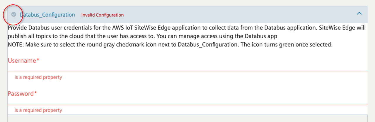 Siemens Databus Configurator 屏幕的截图，显示未完成的过程，其中带有灰色对勾圆圈图标。