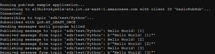 AWS IoT 控制台快速入门示例程序输出。