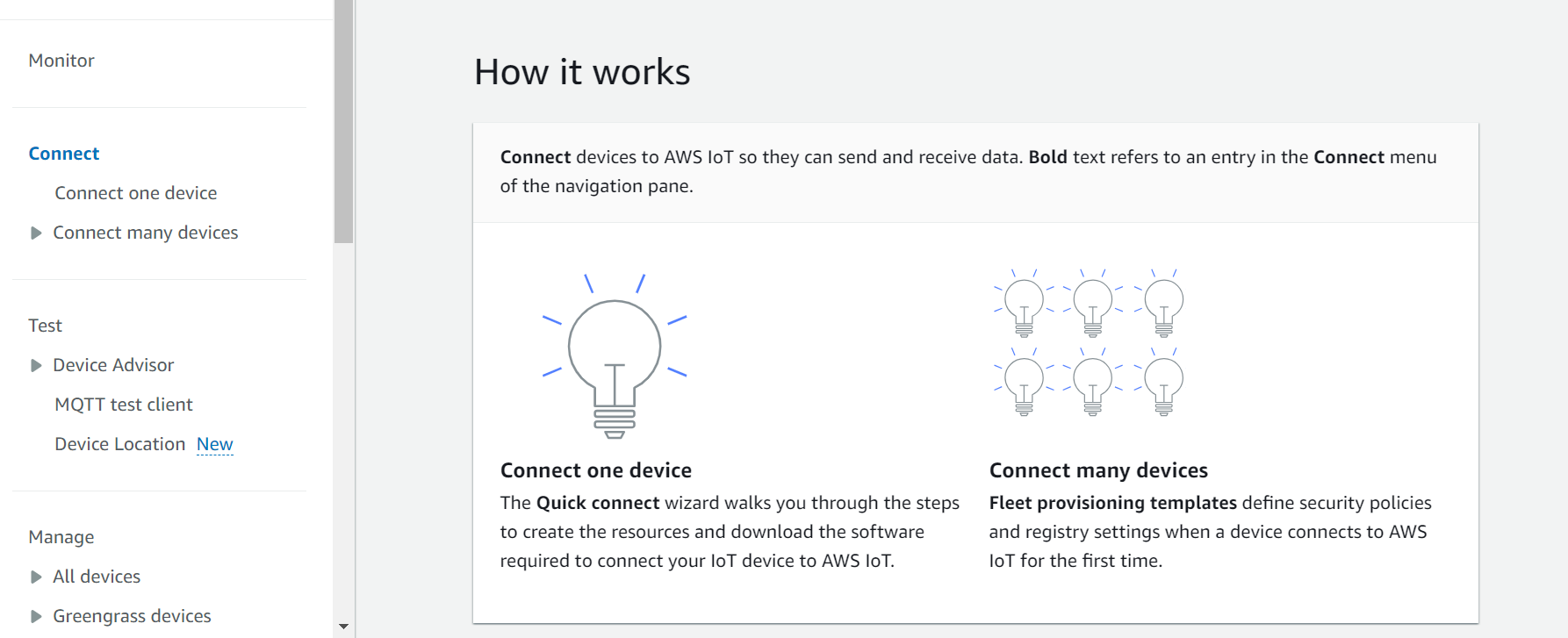 此 AWS IoT 控制台主页显示如何连接一台设备。