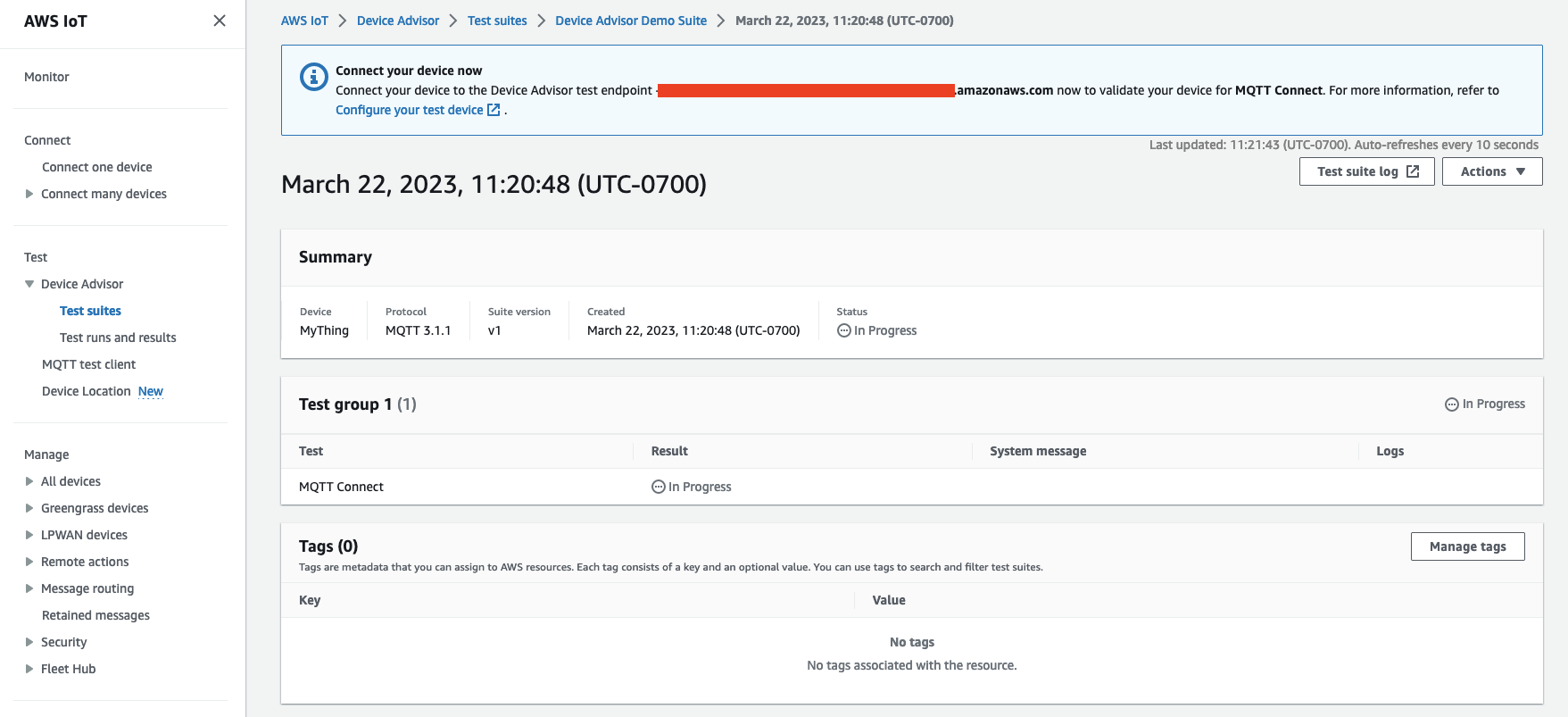 表示正在对设备 “MyThing” 进行 MQTT 3.1.1 测试的测试套件接口。