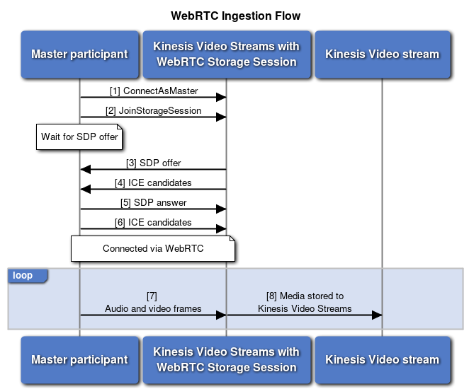 该图显示了主参与者、存储会话和直播之间的 WebRTC 摄取流程。