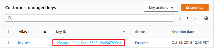 客户自主管理型密钥 table showing Key ID for a single key-test alias.