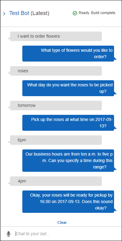 与 Amazon Lex 机器人 OrderFlowers 的对话，显示 Lambda 函数如何验证数据。