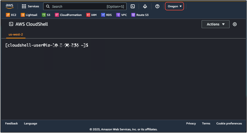更改输 AWS 区域 入 CloudShell。