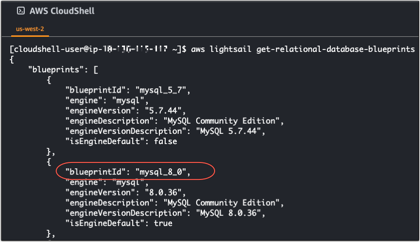 CloudShell 窗口中 get-relational-database-blueprints命令的响应。