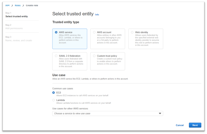 选择具有 AWS 服务的可信实体并 EC2 选中