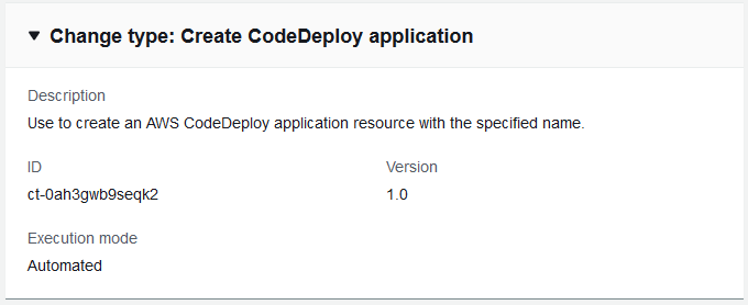 变更 type details for creating an AWS CodeDeploy application with specified name and ID.